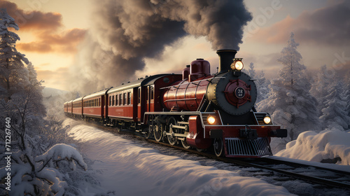 Retro Steam Powered Train Moving Through Winter Snow Covered Forest extreme closeup. Generative AI