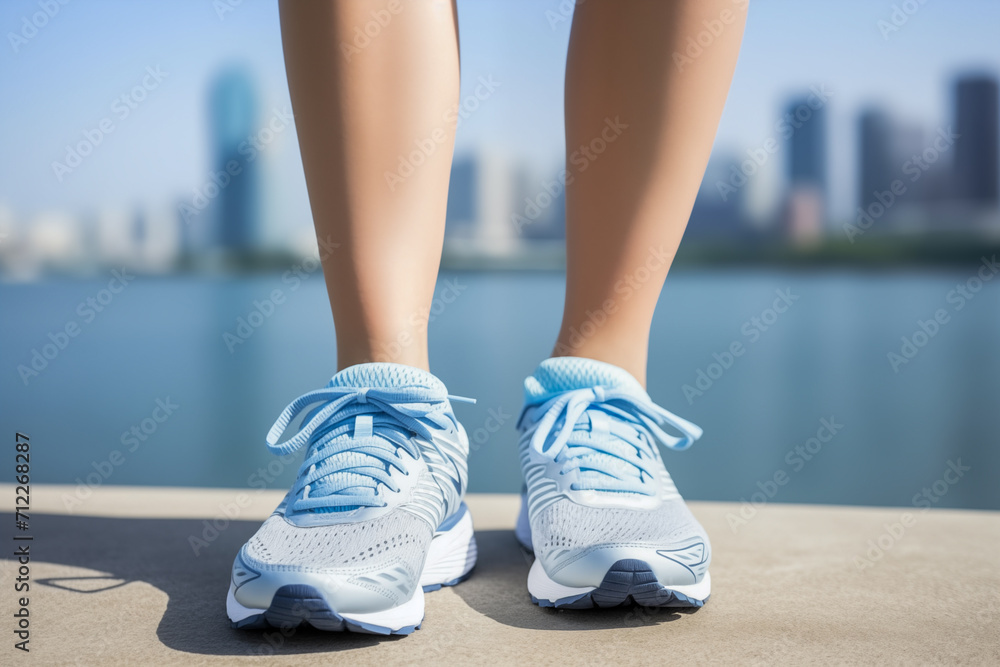 Jogger in blue sneakers poised to start a run on an urban riverside path, with the city skyline as a dynamic backdrop
