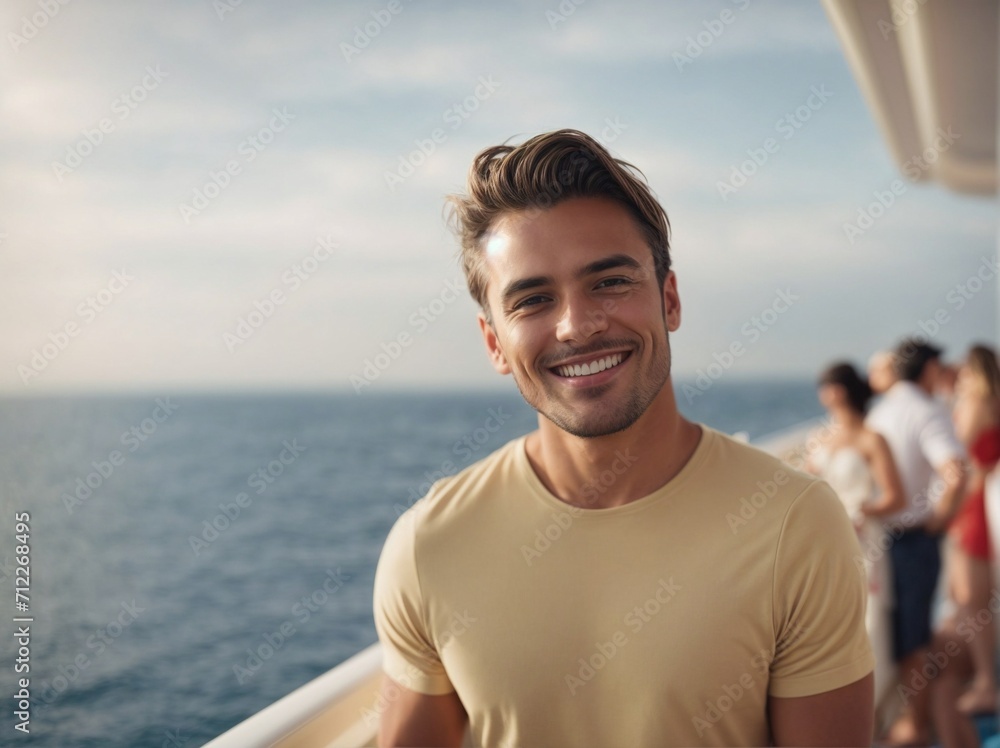 Smiling Man Standing on Boat Enjoying the Water. Generative AI.