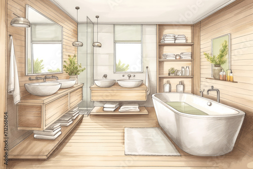 Pencil Sketch Cozy Scandinavian Bath Interior extreme closeup. Generative AI