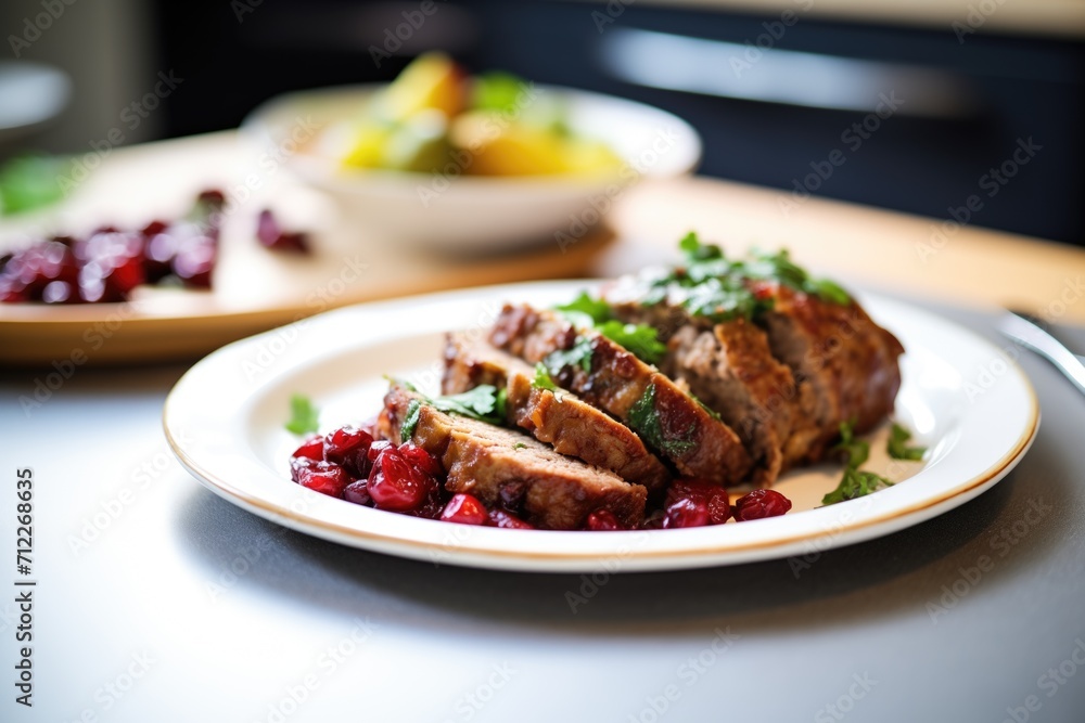 sliced meatloaf plated with cranberry sauce