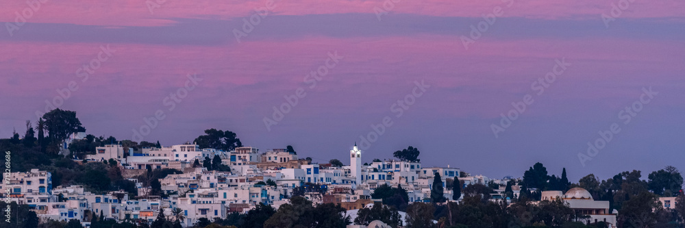 Vue panoramique sur la ville de Sidi Bou Saïd en Tunisie au crépuscule