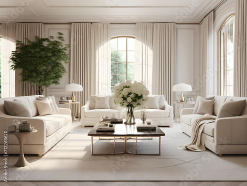 An elegant living room with beige sofas and chair © tanjidvect