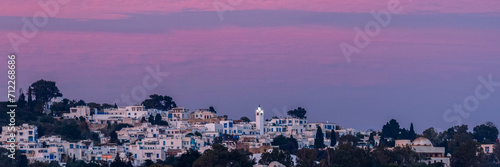 Vue panoramique sur la ville de Sidi Bou Saïd en Tunisie au crépuscule photo