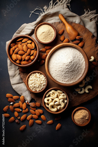 Various nut flour, almond, hazelnut top view