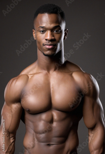 African-American male bodybuilder with bare, muscular chest, wearing denim jeans, standing against black backdrop