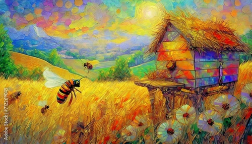 Tableau d'abeilles et de ruche en campagne. photo