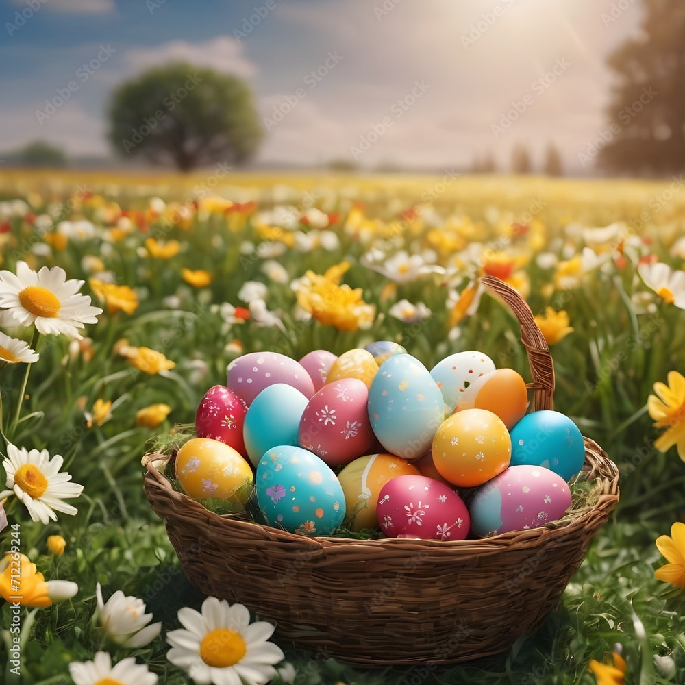 Easter Eggs Basket in a Flower field.