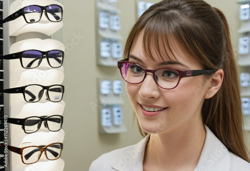 Stylish young woman selecting new eyeglasses at an optical shop. Vision improvement. Eye care.