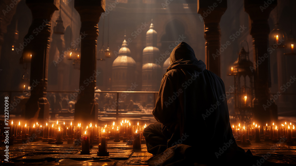 Religious muslim man praying inside the mosque,Islamic prayer on his knees praying on the Holy month of the Ramadan.Eid Mubarak,Eid al adha,Eid al fitr, Generative Ai