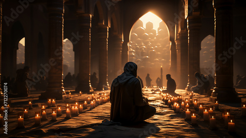 Religious muslim man praying inside the mosque,Islamic prayer on his knees praying on the Holy month of the Ramadan.Eid Mubarak,Eid al adha,Eid al fitr, Generative Ai photo