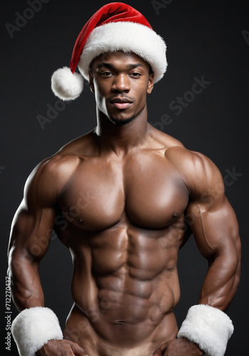Muscular Black man flexing in Santa hat on black background © SR07XC3
