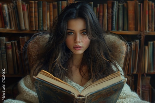 adolescent girl rests cozily in an armchair, engrossed in a captivating book
