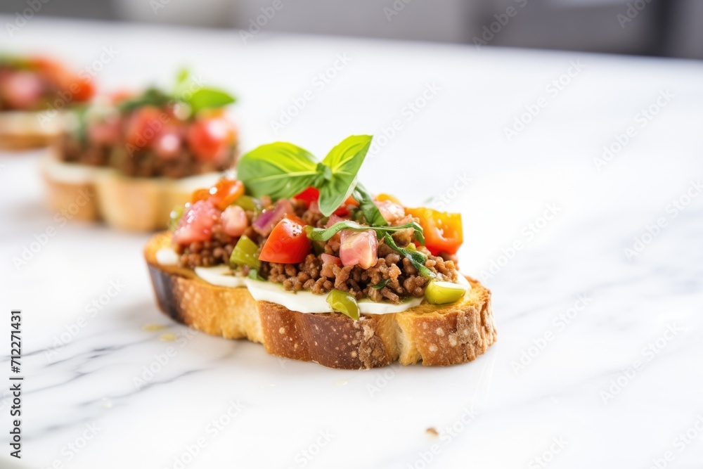 olive tapenade topped bruschetta on a marble surface olive tapenade topped bruschetta on a marble surface