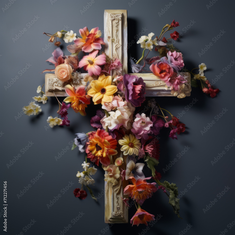 Fototapeta premium A jesus cross with colorful flowers