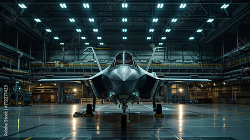 An F-35 aircraft in a hangar at the air base, on a black background. Military aircraft. photo