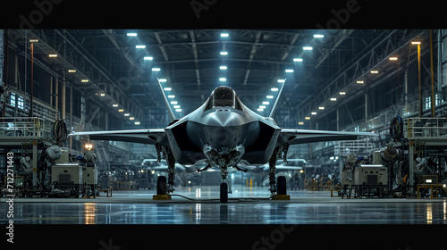 An F-35 aircraft in a hangar at the air base, on a black background. Military aircraft.
