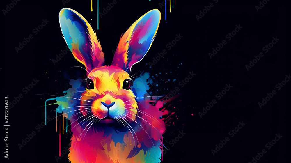 Cute Rabbit with flower in rainbow colors