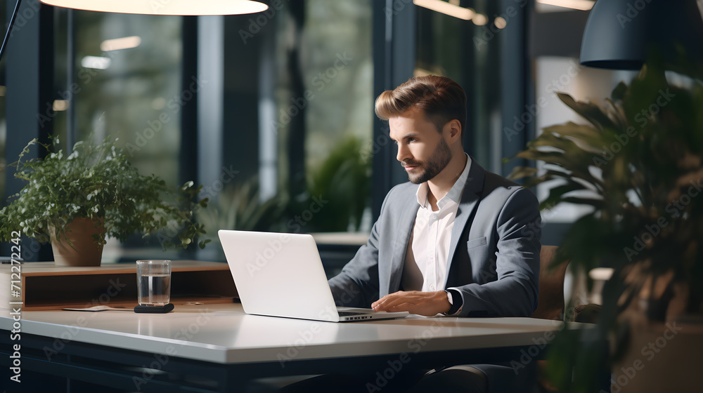 Male businessman with a watch on his hand works on a laptop in the office for business development Male businessman with a watch on his hand works on a laptop in the office for business development