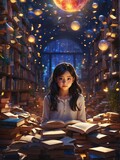 Young Girl Sitting at Table in Book-Filled Library. Generative AI.