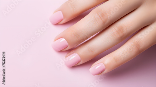 Beautiful female hand with manicure with pink light lilac varnish