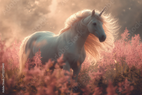 Whispers of Wonderland - A White Unicorn Amidst Pink Flowers in Rosy Mist
