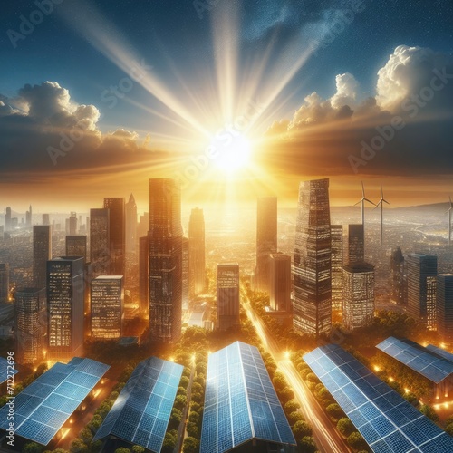 Solar panel farm and View of buildings in the city with the light of the sunset, alternative electricity source