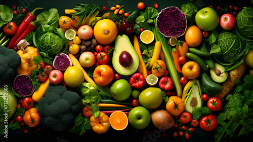 Health concept with vitamins fruits and vegetables top view