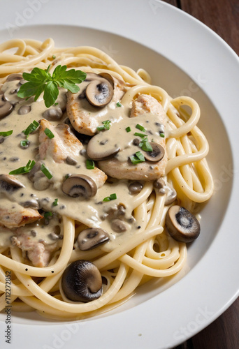 Creamy Chicken and Mushroom Linguine Alfredo in a Bowl