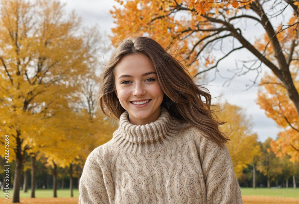 Delighted Woman in Cozy Sweater Enjoying Autumn Park