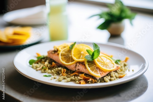 quinoa with oven-baked salmon and lemon slices