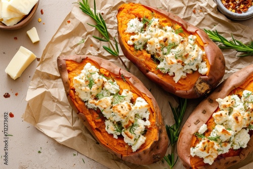 Top view of a feta cheese and butter stuffed sweet potato on a beige background photo