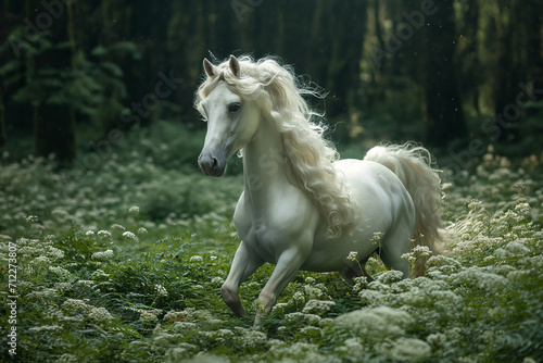 A White Horse Gracefully Roaming a Clearing in the Forest
