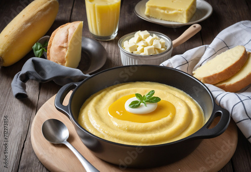 Creamy cornmeal porridge topped with melted butter in a hot skillet