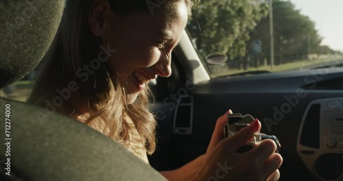 Digital camera, happy and woman on car road trip, summer travel or take memory picture of Canada holiday journey. Automobile, laugh and person driving in SUV, van or excited for vacation photography