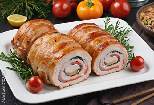 Savory Turkey Roulade on a Rectangular Plate