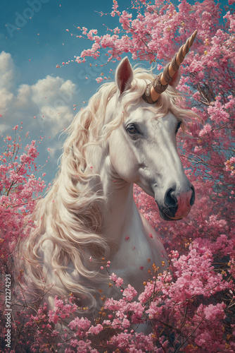 Blossom Whispers - A White Unicorn Amidst Cherry Blossoms by a Tree