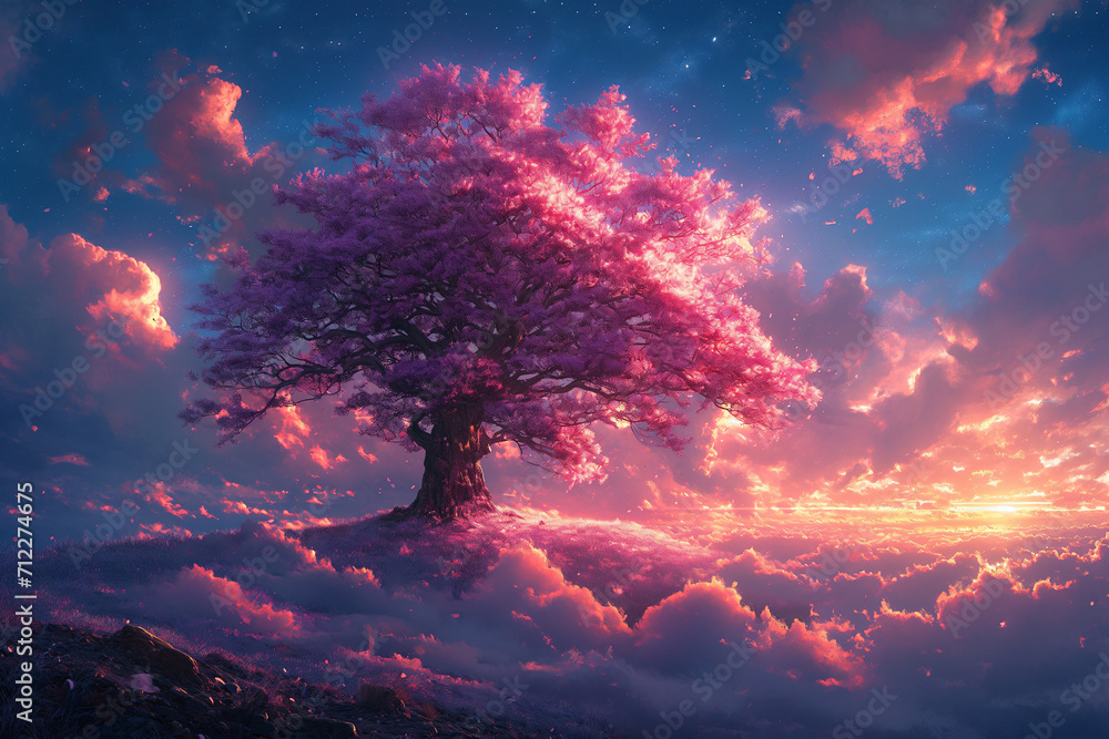 A Magical Tree Surrounded by Pink Glowing Clouds, Radiant Glow, Blue Sky
