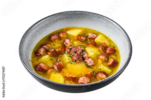 German Split pea soup with smoked sausages Transparent background. Isolated.