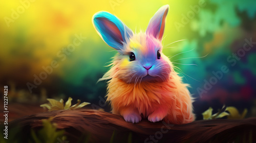 Cute small Rabbit with flower in rainbow colors