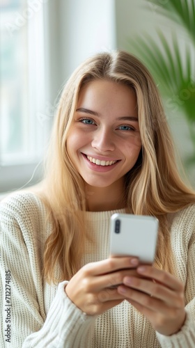 Portrait of cheerful young female using smartphone