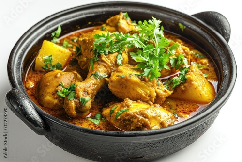 Top down view of spicy homemade chicken curry with potato and coconut milk in a black bowl on white background