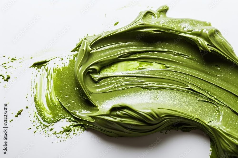 Obraz premium Exfoliating scrub with green clay and natural ingredients Beauty mask applied on white background Cosmetic product close up