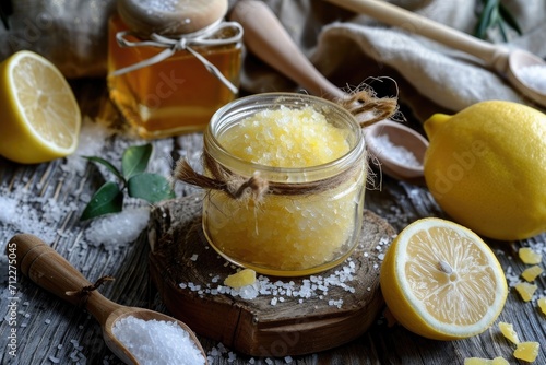 Sea salt honey and lemon scrub in glass jar beside lemon wooden spoon with honey and nearby sea salt jar