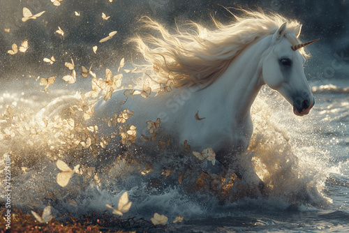 A White Unicorn with Splashing Waters and Fluttering Butterflies