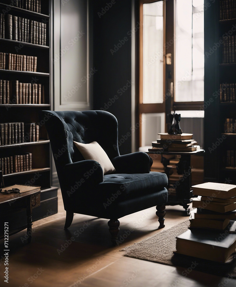 Arm chair in a room with book shelves Arm chair in a room with book shelves