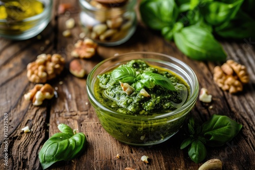 Homemade pesto sauce made with fresh Basil and nuts on a wooden brown background