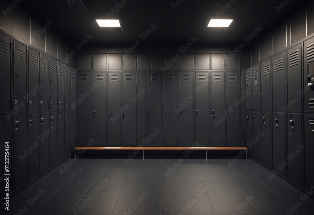 Gym with a sleek, contemporary locker room. Upscale fitness club in a stylish loft setting.