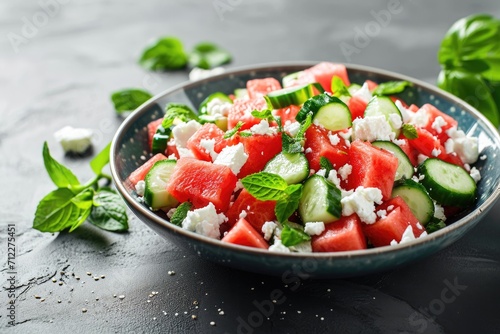 Close up of summer salad with shadowing watermelon mint cucumber and feta cheese