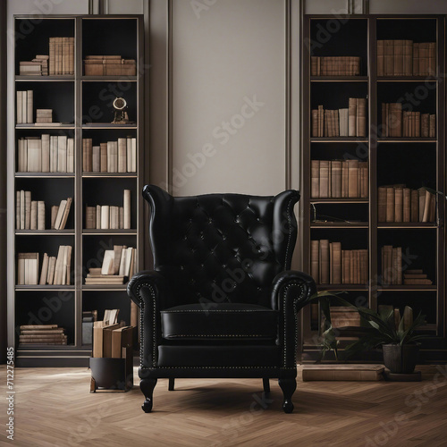 Arm chair in a room with book shelves
